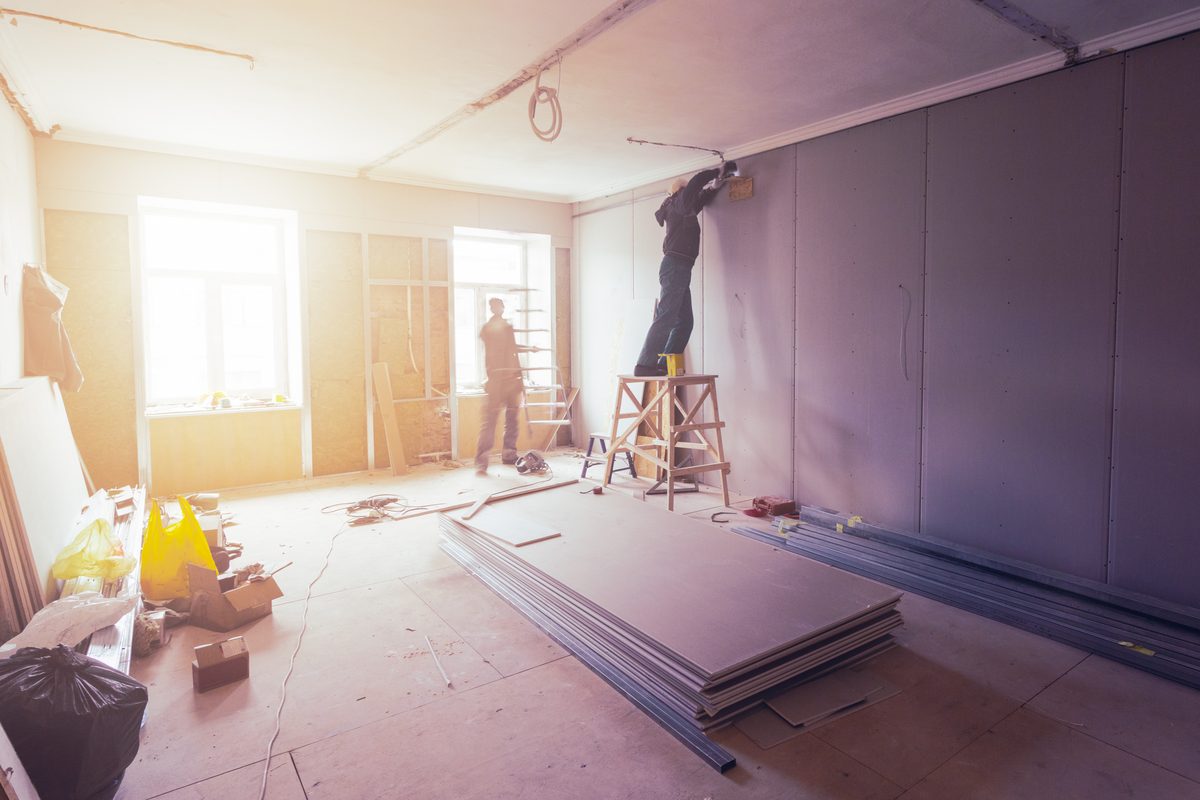 Stud wall and plasterboard works inside a property